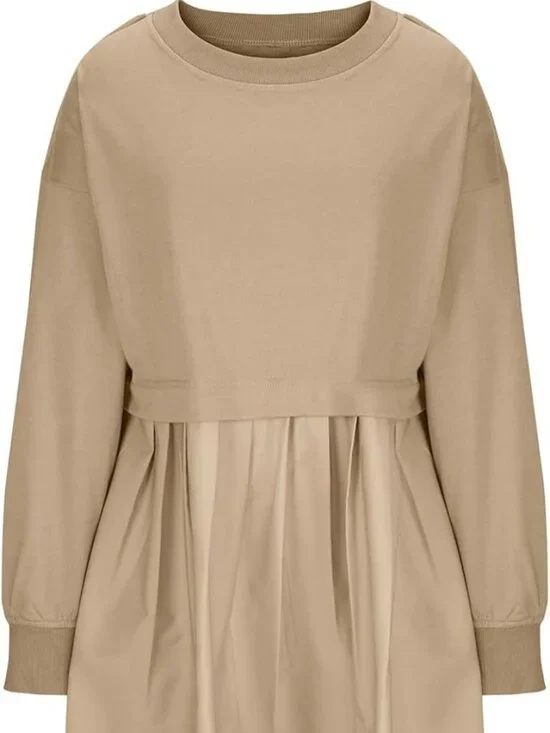 Khaki Long Sleeve Sweatshirt Dress With Pleated Skirt - Picture 4 of 4